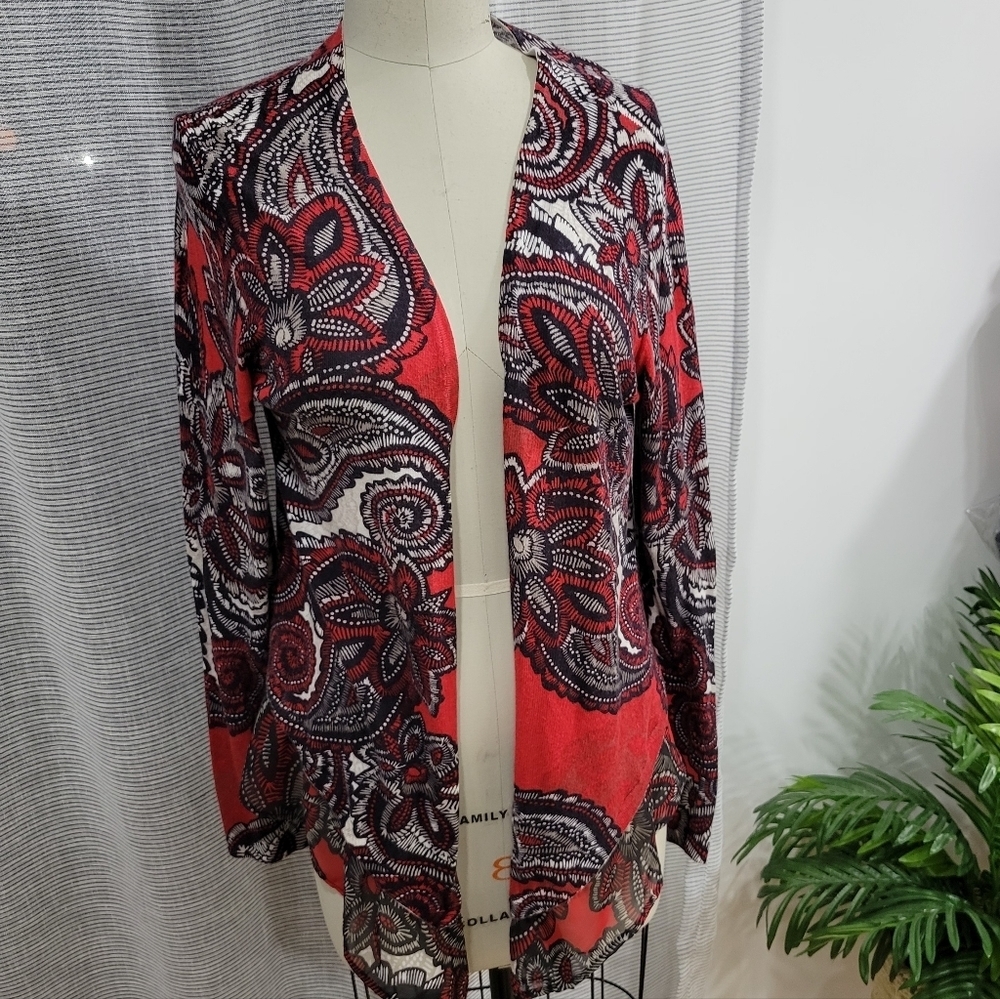 Chico's Women's Red Floral long Sleeve Open Cardigan Sweater- 1 /US M